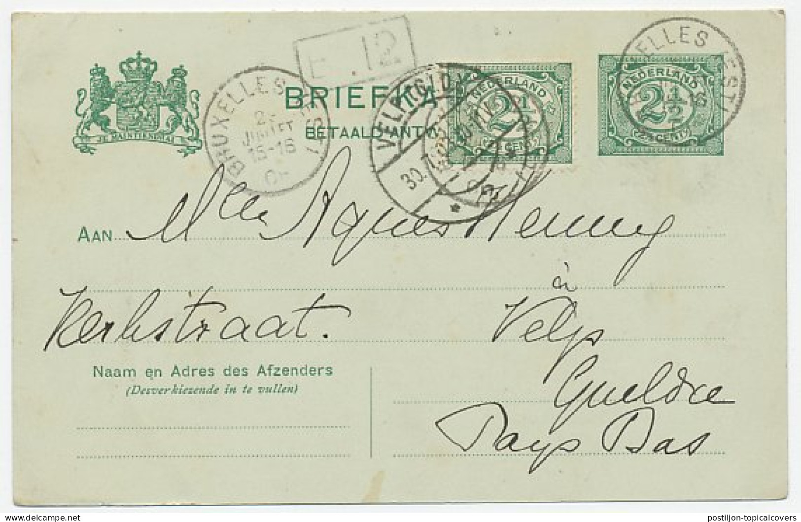 Briefkaart G. 69 A A-krt / Bijfrankering Belgie - Velp 1908 - Entiers Postaux