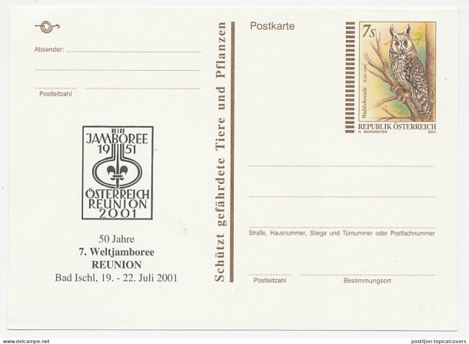Postal Stationery Austria 2001 World Jamboree Reunion - Bird - Owl - Other & Unclassified