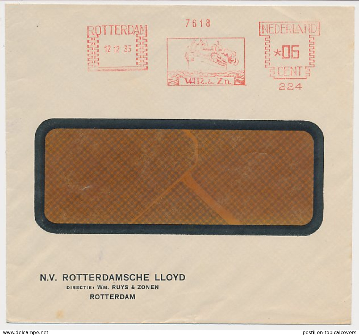Meter Cover Netherlands 1933 Ship Line Wm. Ruys And Sons - Rotterdamsche Lloyd - Bateaux