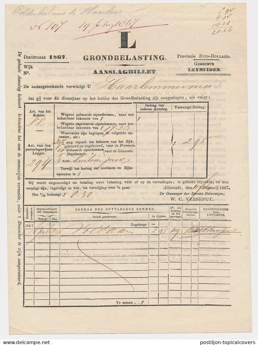 Aanslagbiljet Leimuiden - Haarlemmermeer 1867 - Steuermarken