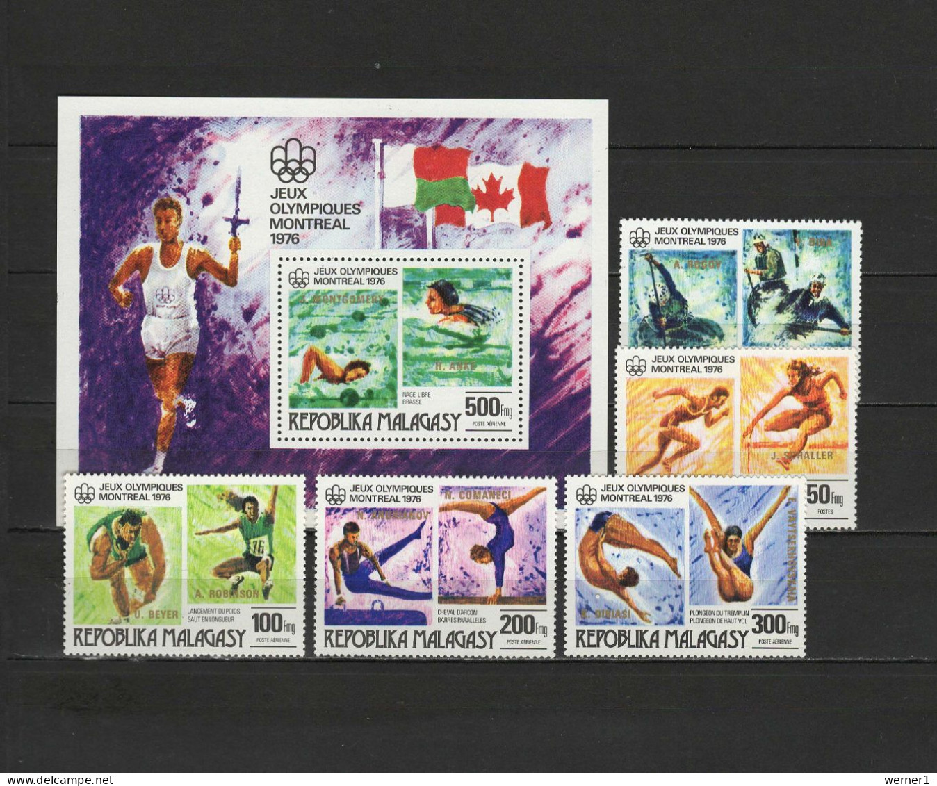 Malagasy - Madagascar 1976 Olympic Games Montreal, Swimming, Etc. Set Of 5 + S/s With Winners O/p In Gold MNH -scarce- - Sommer 1976: Montreal