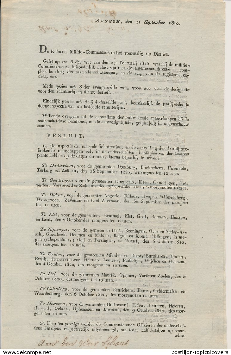 ARNHEM - Angerlo 1820 - Drukwerk Inspectie Schutterijen  - ...-1852 Vorläufer