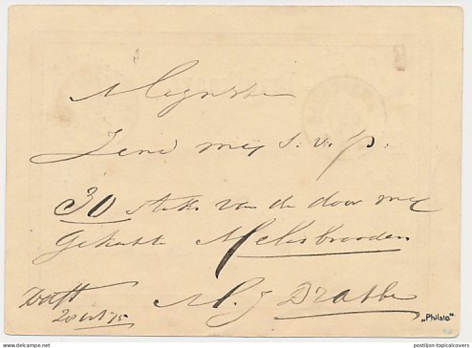 Trein Haltestempel Delft 1875 - Briefe U. Dokumente