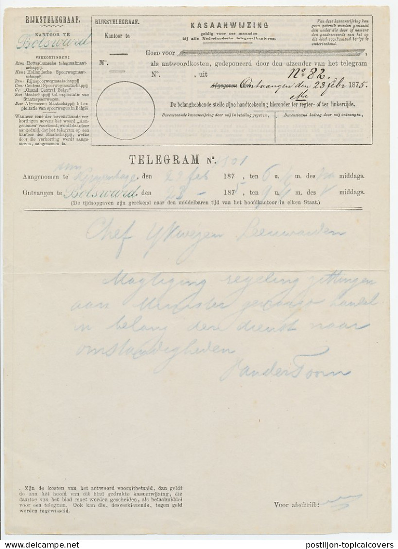 Telegram Den Haag - Bolsward 1875 - Non Classés