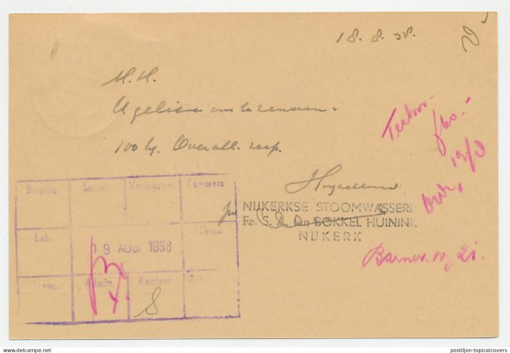 Firma Briefkaart Nijkerk 1958 - Stoomwasserij - Zonder Classificatie