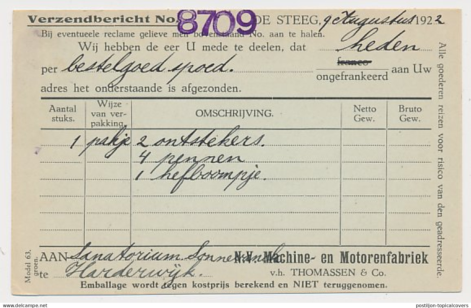 Firma Briefkaart De Steeg 1922 - Motoren - Non Classés