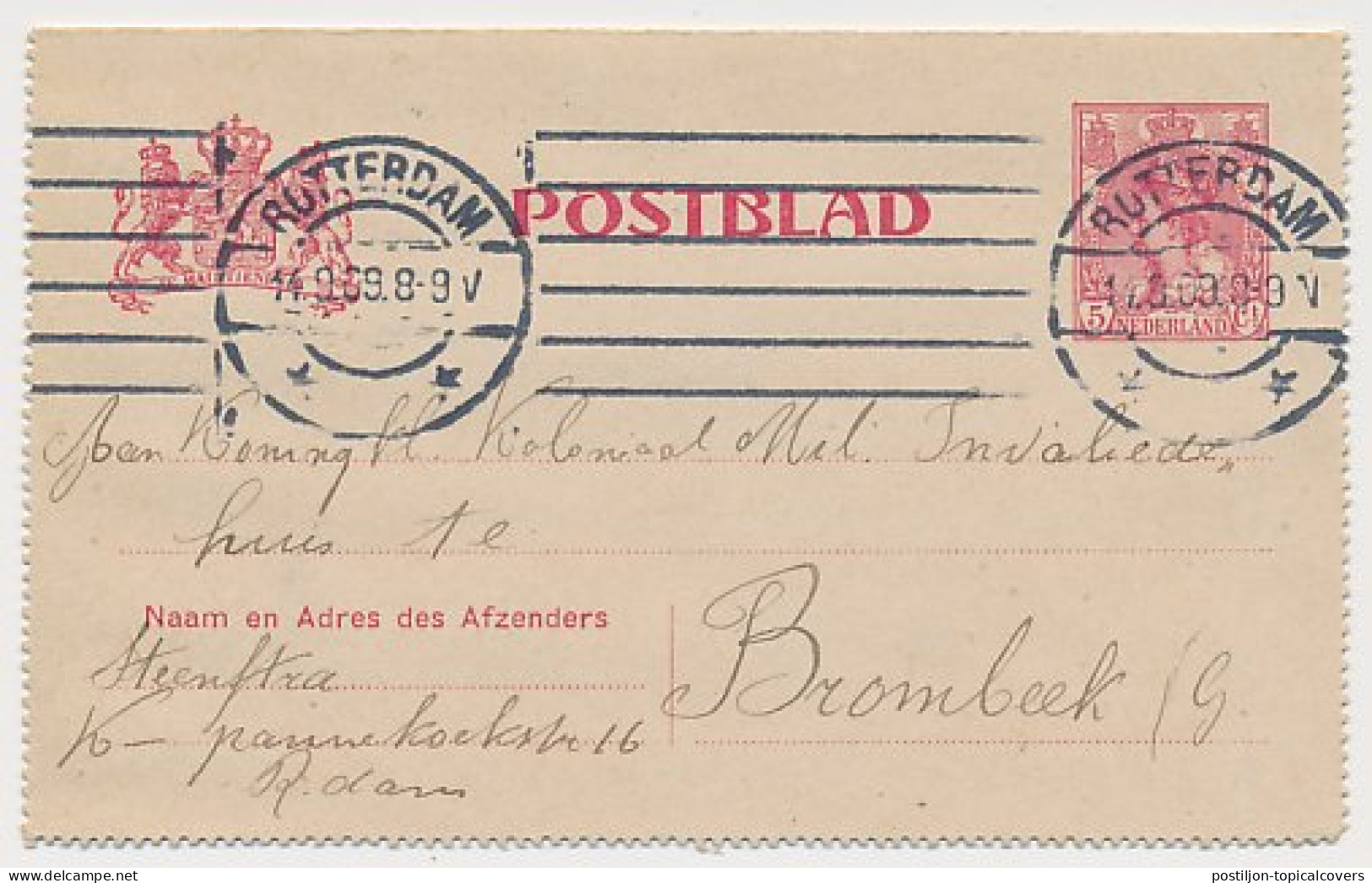 Postblad G. 12 Rotterdam - Bronbeek Arnhem 1908 - Entiers Postaux