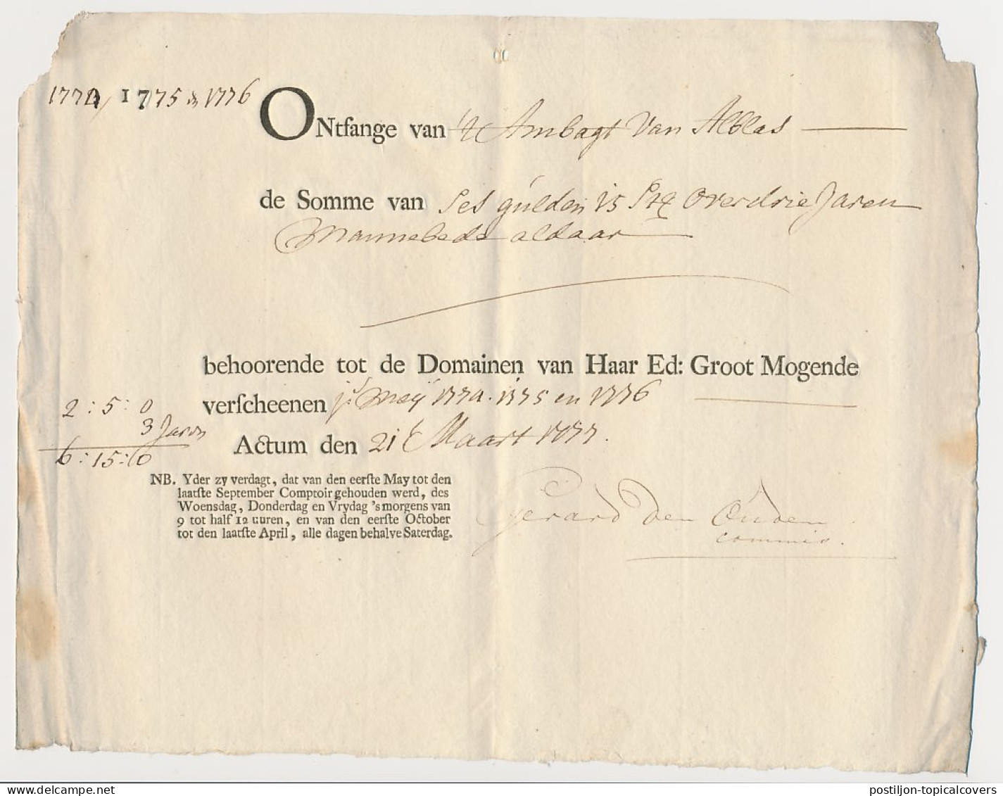 Kwitantie Ambagt Van Alblas 1777 - Revenue Stamps