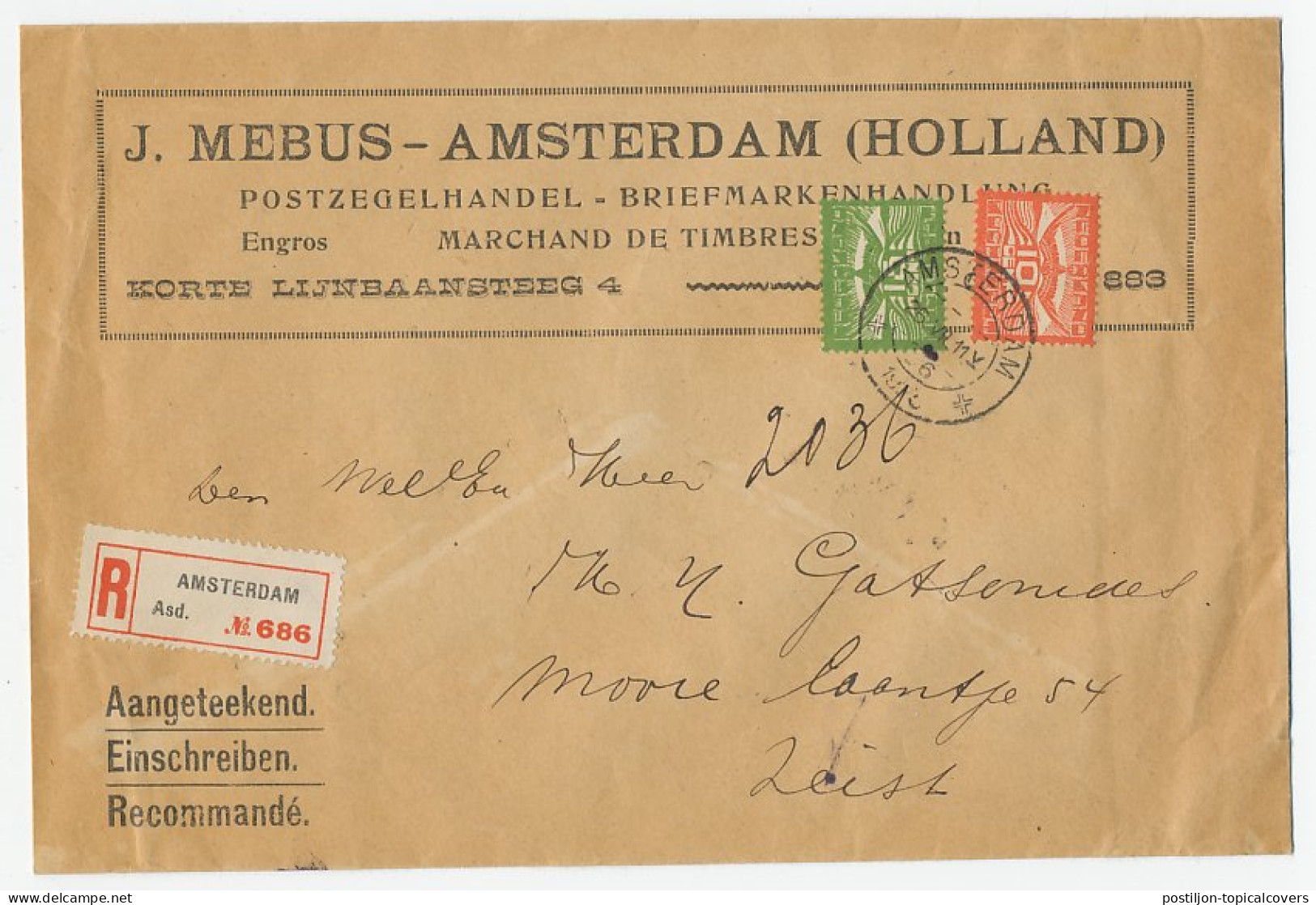Em. Luchtpost 1921 Aangetekend Amsterdam - Zeist - Non Classés