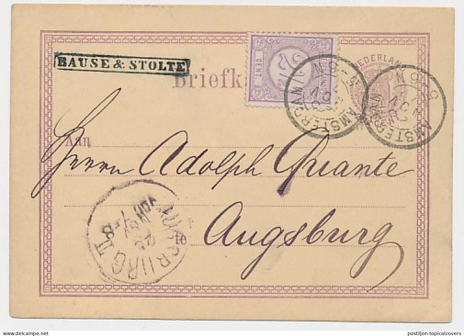 Briefkaart G. 12 / Bijfrankering Amsterdam - Duitsland 1879 - Entiers Postaux