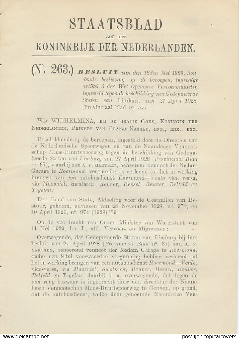 Staatsblad 1929 : Autobusdienst Roermond - Venlo  - Historical Documents
