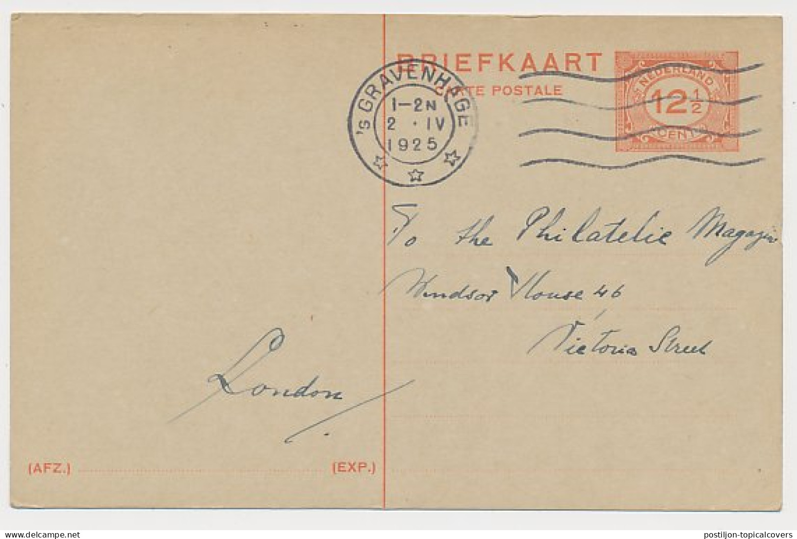Briefkaart G. 197 Z-2 Den Haag - GB / UK 1925 - Entiers Postaux