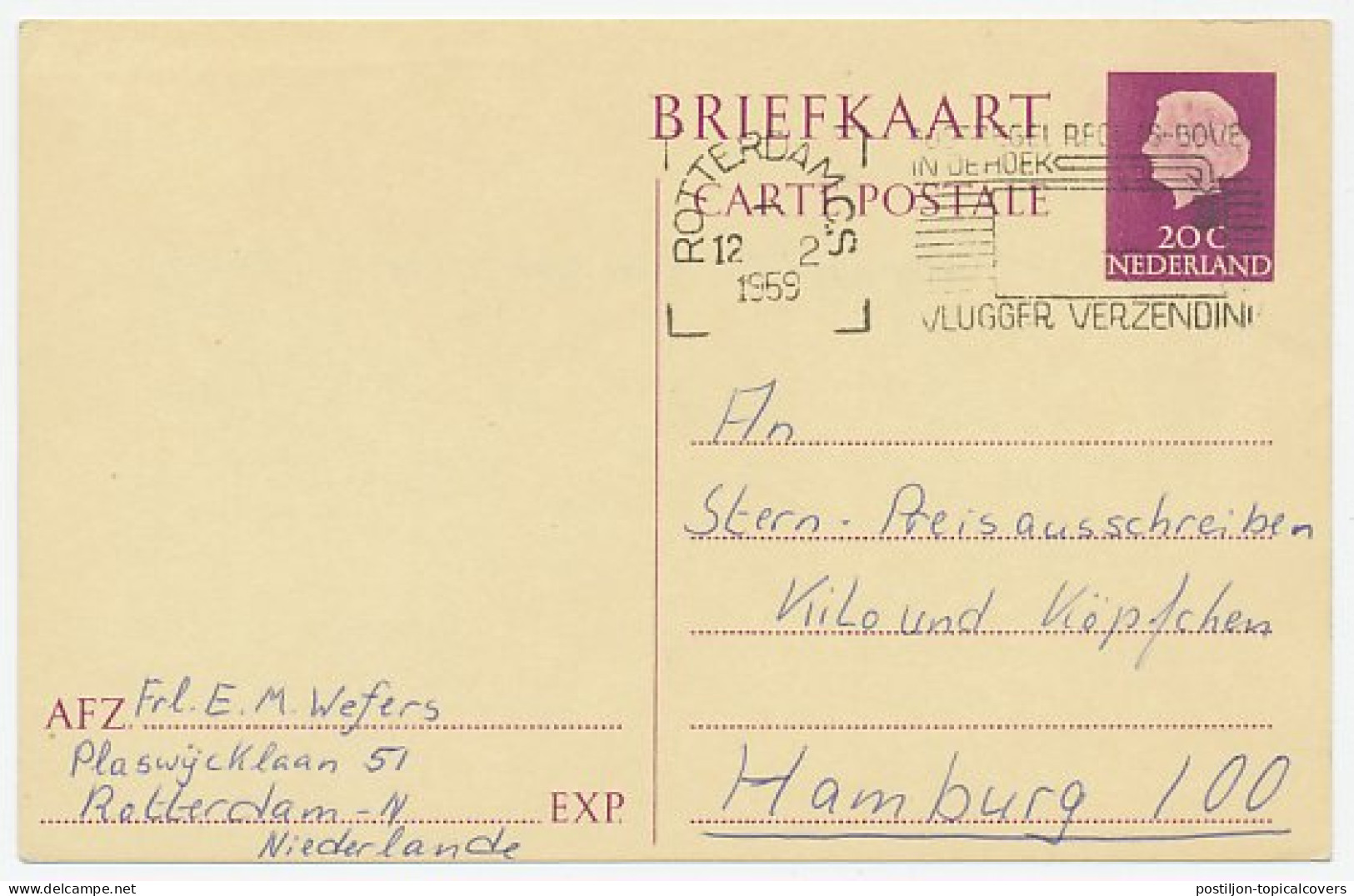 Briefkaart G. 321 Rotterdam - Hamburg Duitsland 1959 - Entiers Postaux