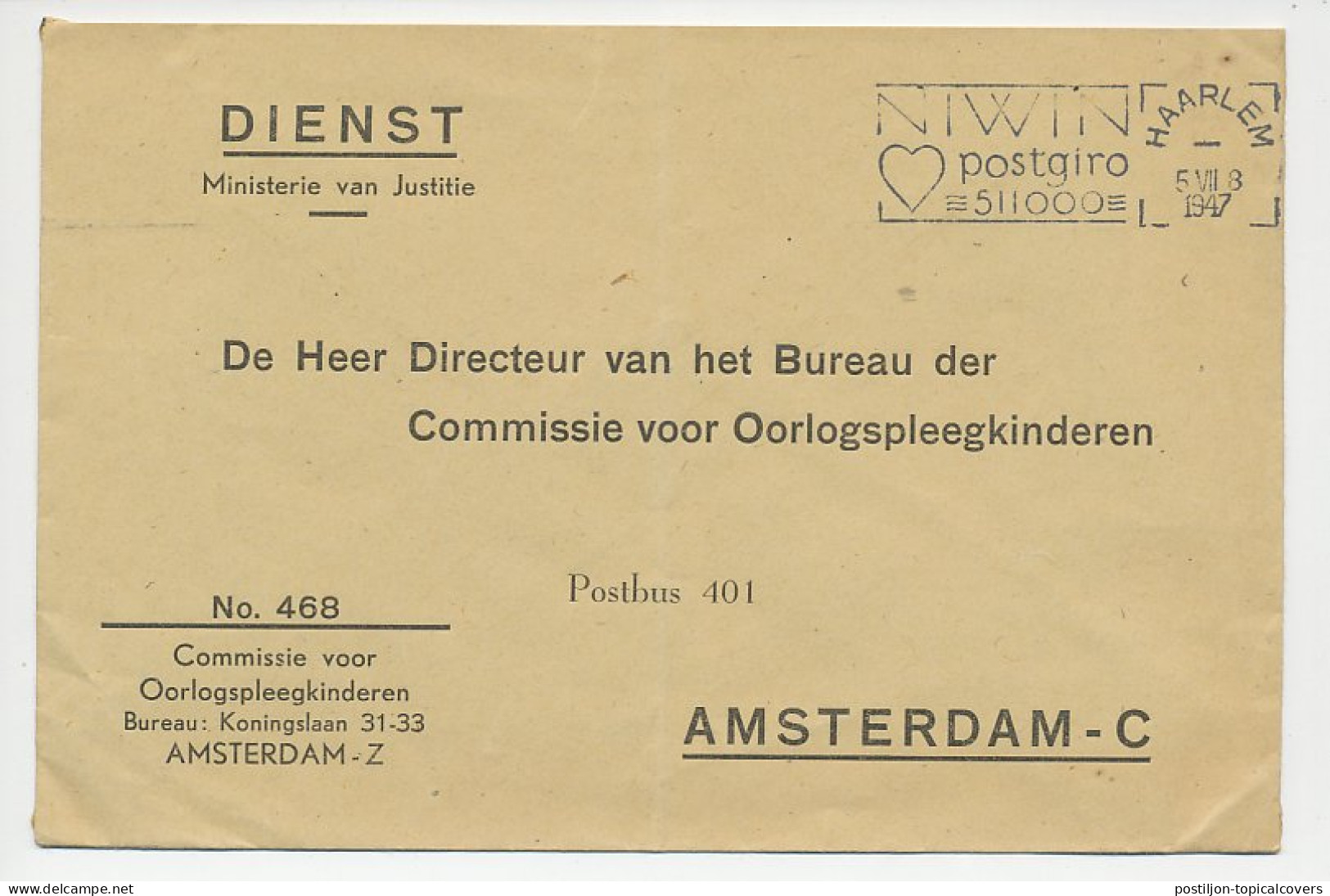 Dienst Amsterdam 1947 - Comm. Voor Oorlogspleegkinderen - Non Classés