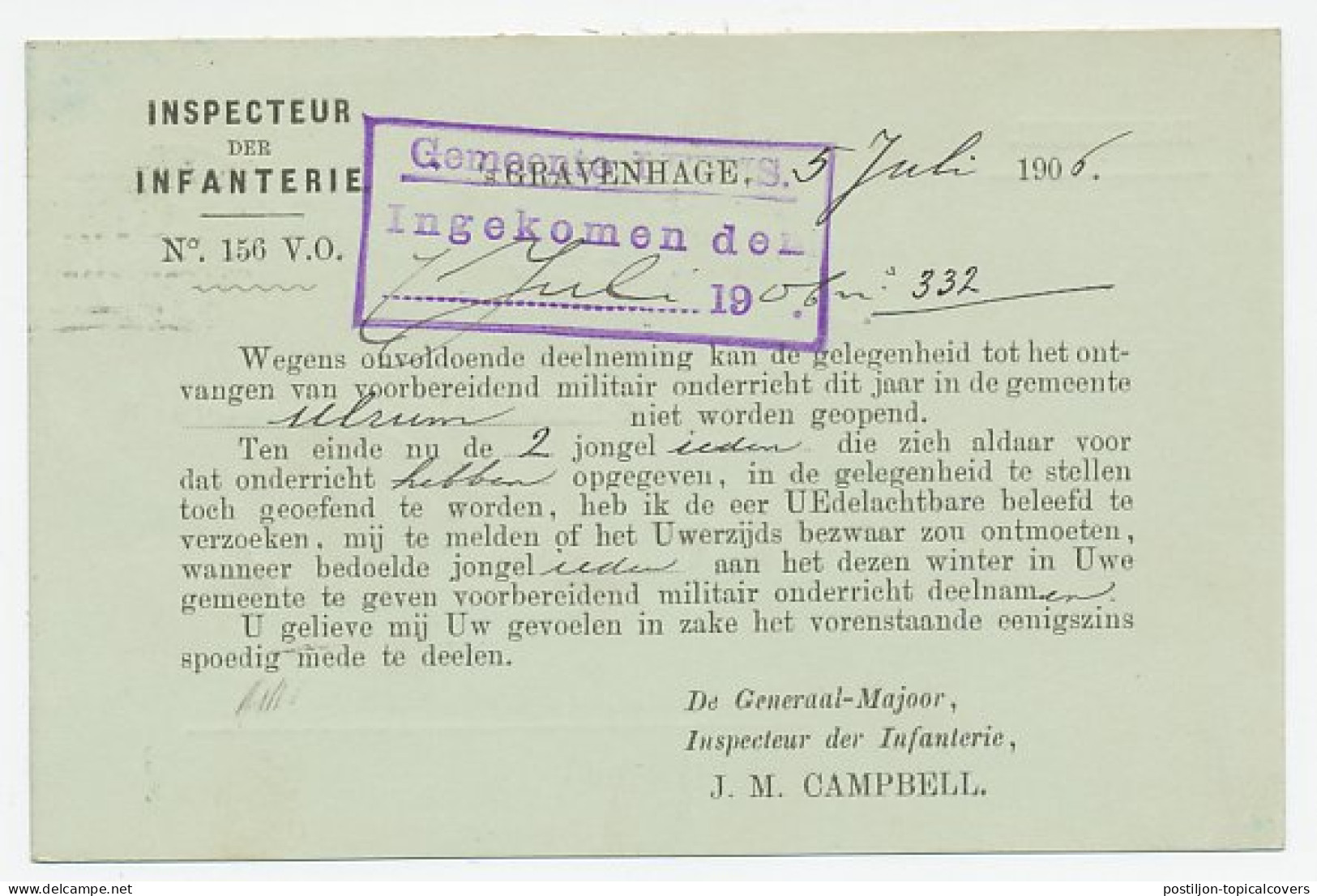 Dienst Leens - Wehe 1906 - Inspecteur Der Infanterie - Non Classés