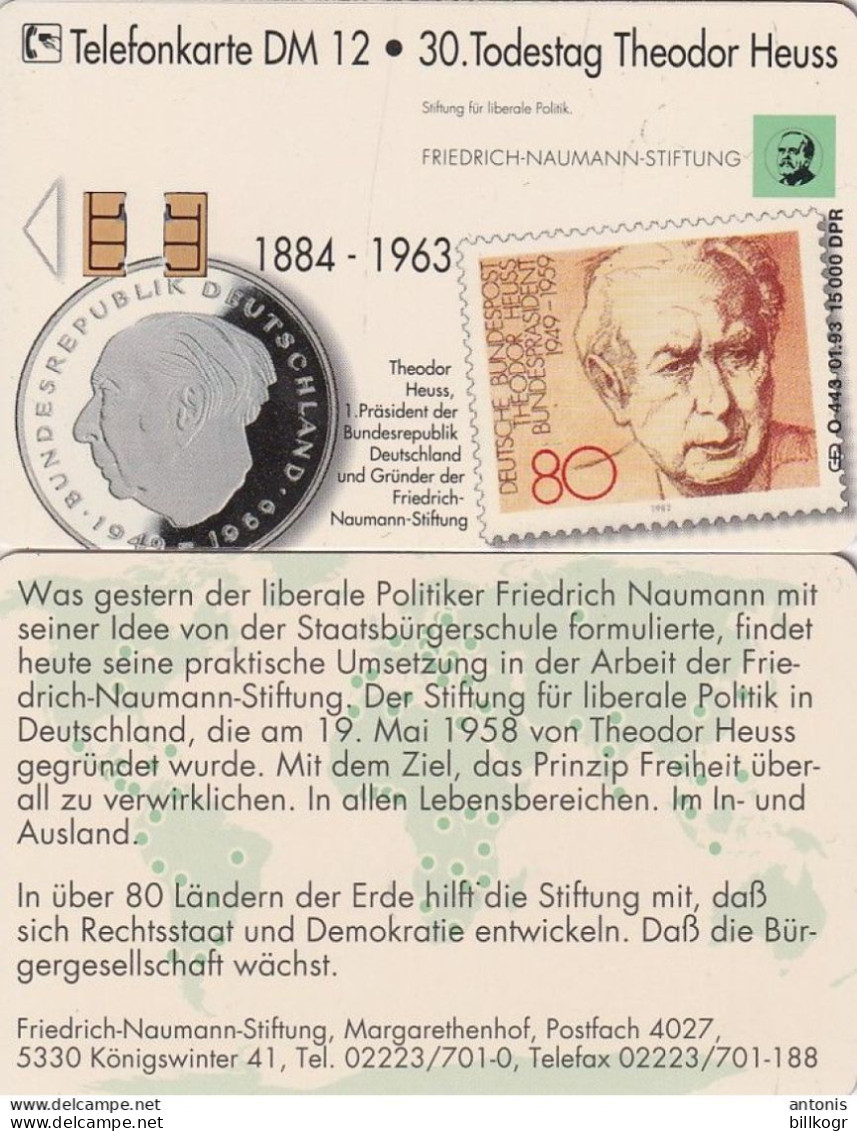 GERMANY - Coin & Stamp, Theodor Heuss 1884-1963(O 443), Tirage 15000, 01/93, Mint - O-Reeksen : Klantenreeksen