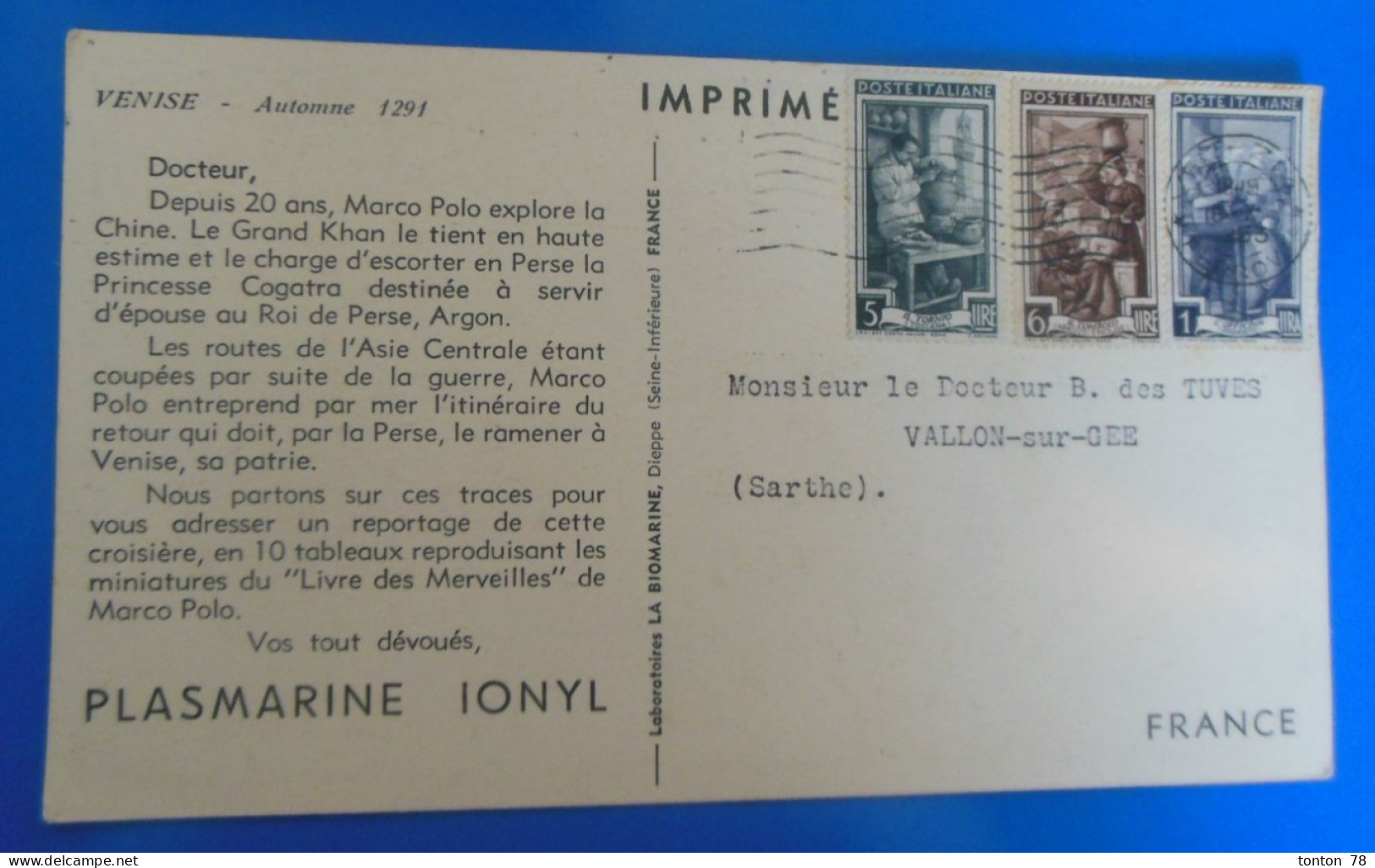 TIMBRE SUR CARTE -  IMPRIME  -   ITALIE -  RECTO VERSO   -   1953 OU 1954  -  CARTE PUBLICITAIRE - 1946-60: Oblitérés