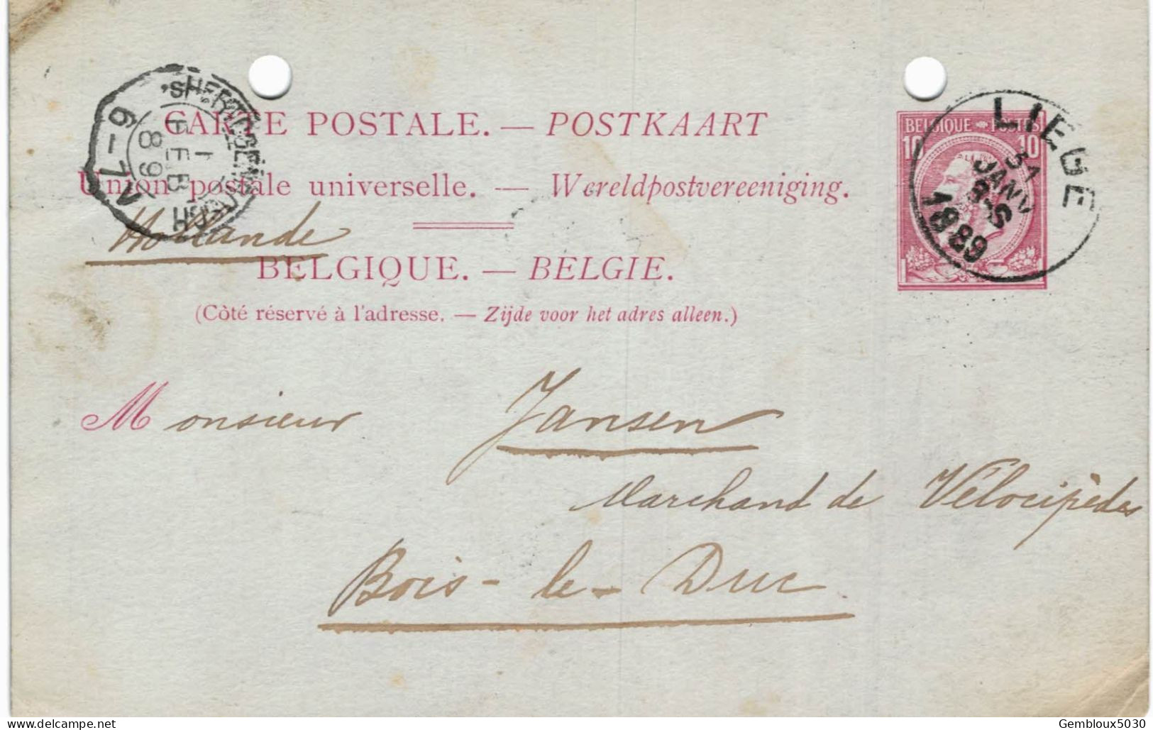 (Lot 02) Entier Postal  N° 46 écrit De Liège Vers Bois-le-Duc  (trous) - Postkarten 1871-1909