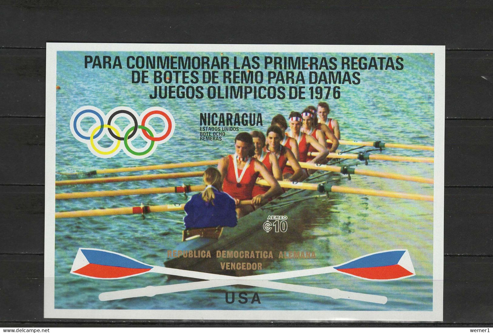 Nicaragua 1976 Olympic Games Montreal, Rowing S/s Imperf. With Winners Overprint In Gold MNH - Sommer 1976: Montreal