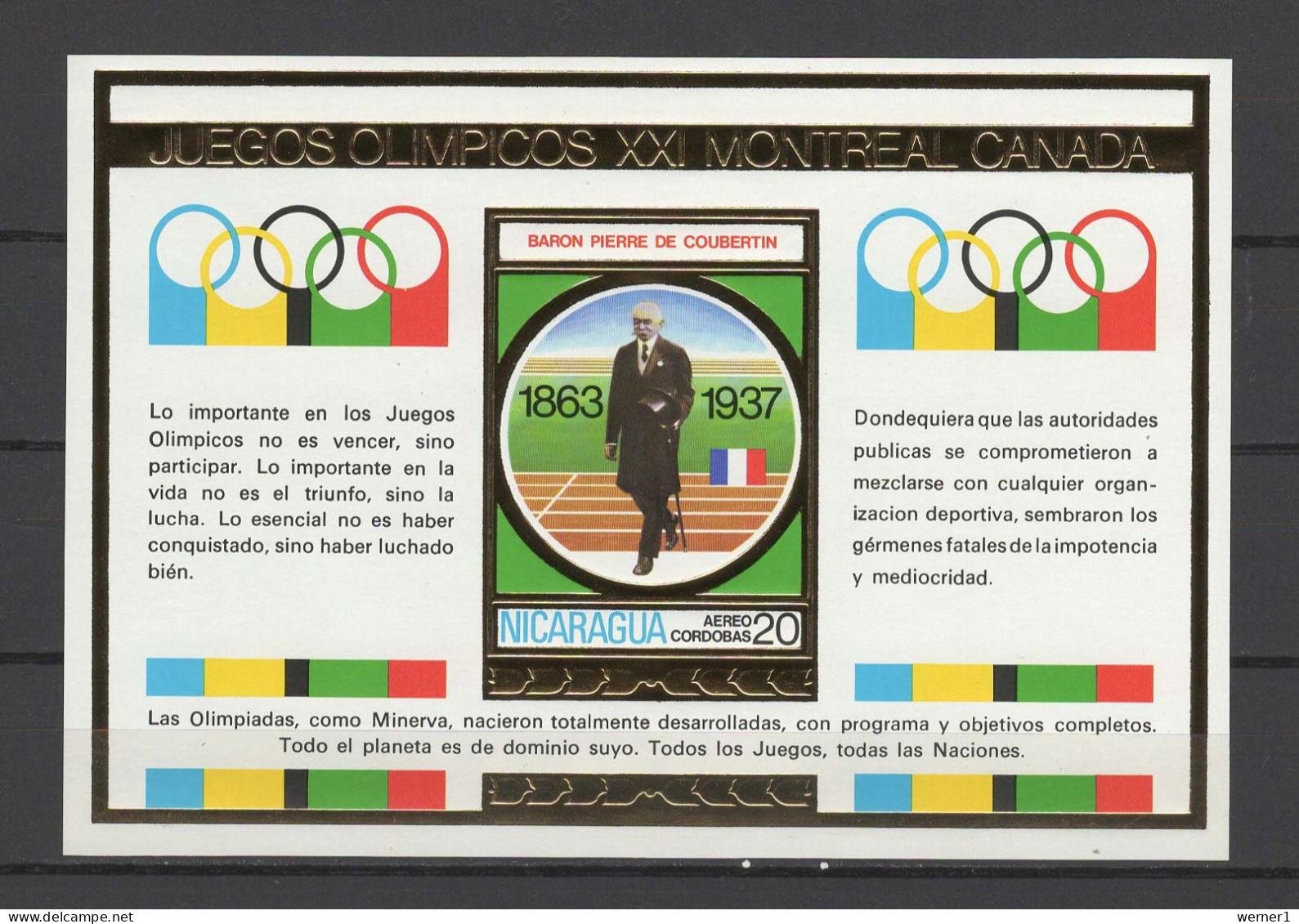 Nicaragua 1975 Olympic Games Montreal, Pierre De Coubertin Gold S/s MNH -scarce- - Sommer 1976: Montreal