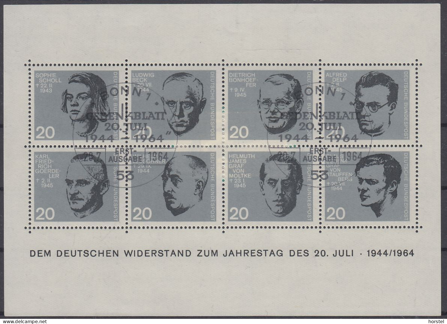 BRD  Block 3 -  20. Jahrestag Des Attentats - Dem Deutschen Widerstand - 20.07.1964 - 1959-1980