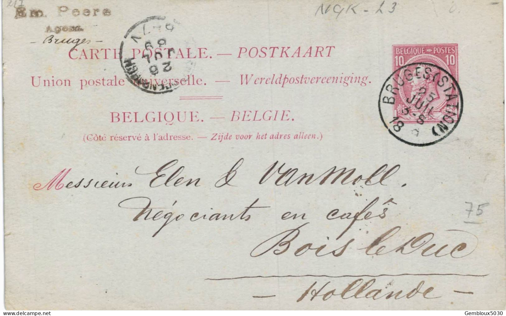 (Lot 02) Entier Postal  N° 46 écrit De Bruges Vers Bois  Le Duc - Postkarten 1871-1909