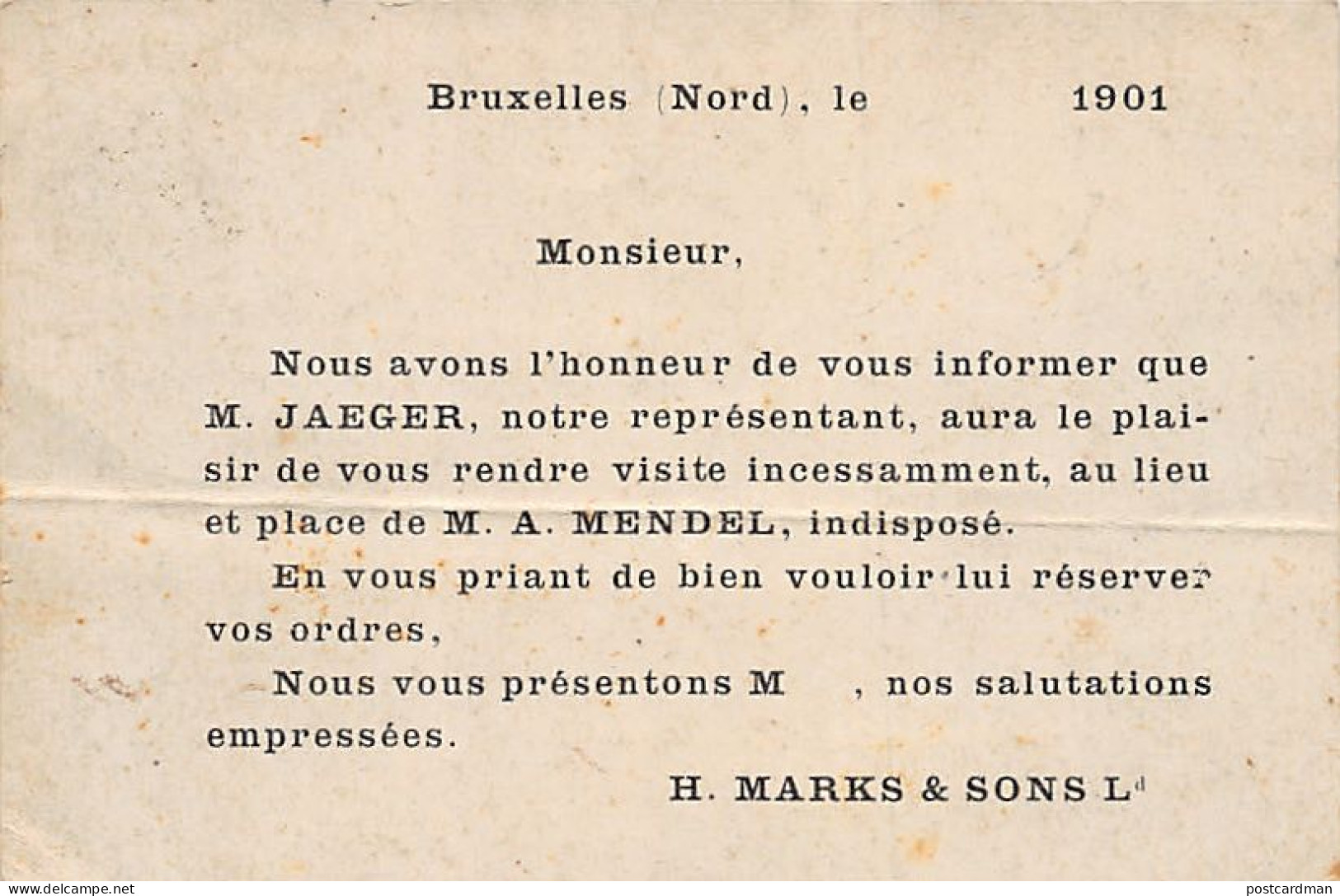 Belgique - SAINT-JOSSE-TEN-NOODE (Brux.-Cap.) Carte Publicitaire Pour Henry Marks & Sons - Eponges Et Peaux De Chamois - - St-Josse-ten-Noode - St-Joost-ten-Node