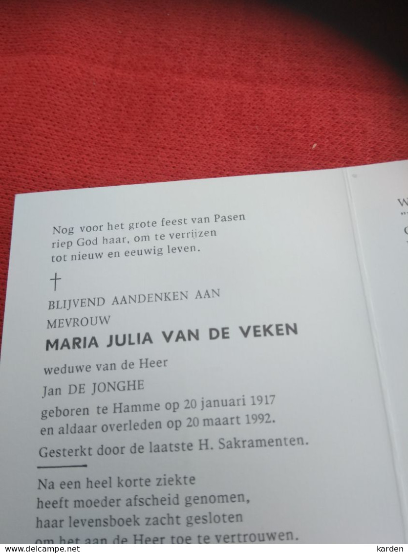 Doodsprentje Maria Julia Van De Veken / Hamme 20/1/1917 - 20/3/1992 ( Jan De Jonghe ) - Religion & Esotericism