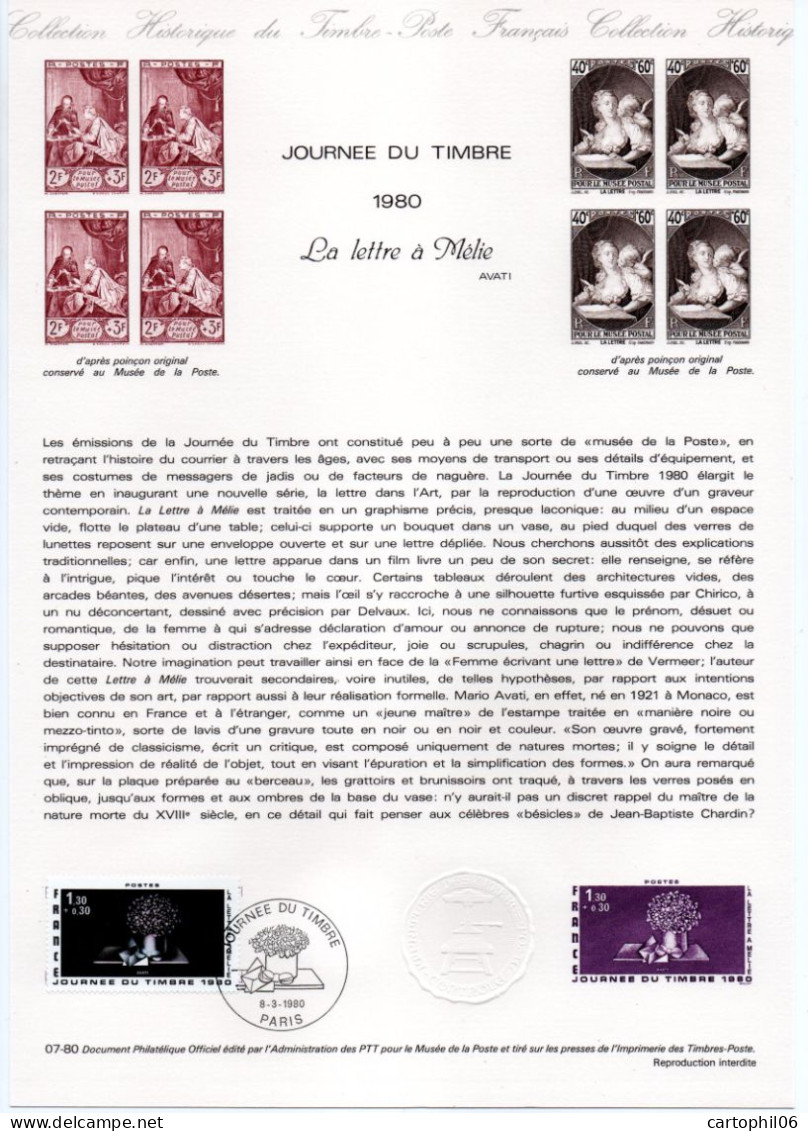 - Document Premier Jour Mario AVATI : La Lettre à Mélie - PARIS 8.3.1980 - JOURNÉE DU TIMBRE - - Gravures