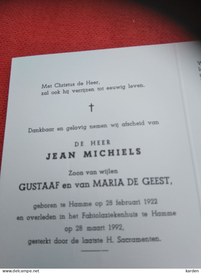 Doodsprentje Jean Michiels / Hamme 28/2/1922 - 28/3/1992 ( Z.v. Gustaaf Michiels En Maria De Geest ) - Religion & Esotérisme
