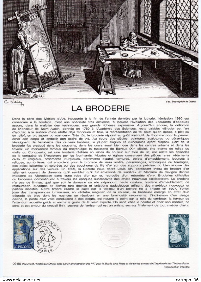 - Document Premier Jour LA BRODERIE - PARIS 29.3.1980 - - Sonstige & Ohne Zuordnung