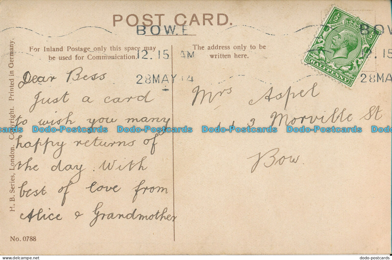 R003088 Greeting Postcard. A Happy Birthday. Pink Rose. H. B. No 0788. 1914 - Monde