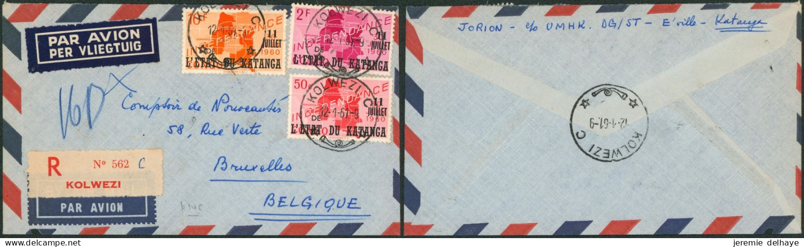 Katanga - Timbre De La Série 40/49 çàd Affranch. Tricolore Sur Lettre Par Avion En Recommandé De Kolwezi (1961) > Bruxel - Katanga