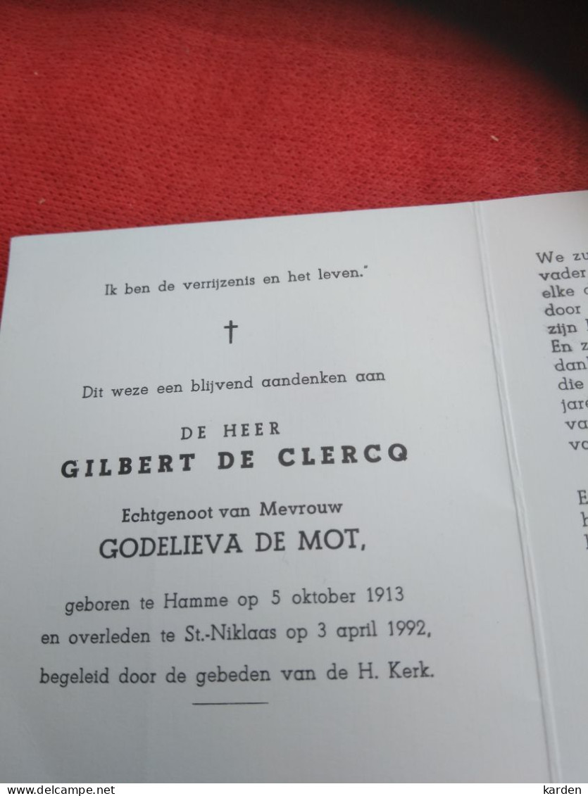 Doodsprentje Gilbert De Clercq / Hamme 5/10/1913 Sint Niklaas 3/4/1992 ( Godelieva De Mot ) - Religion & Esotérisme