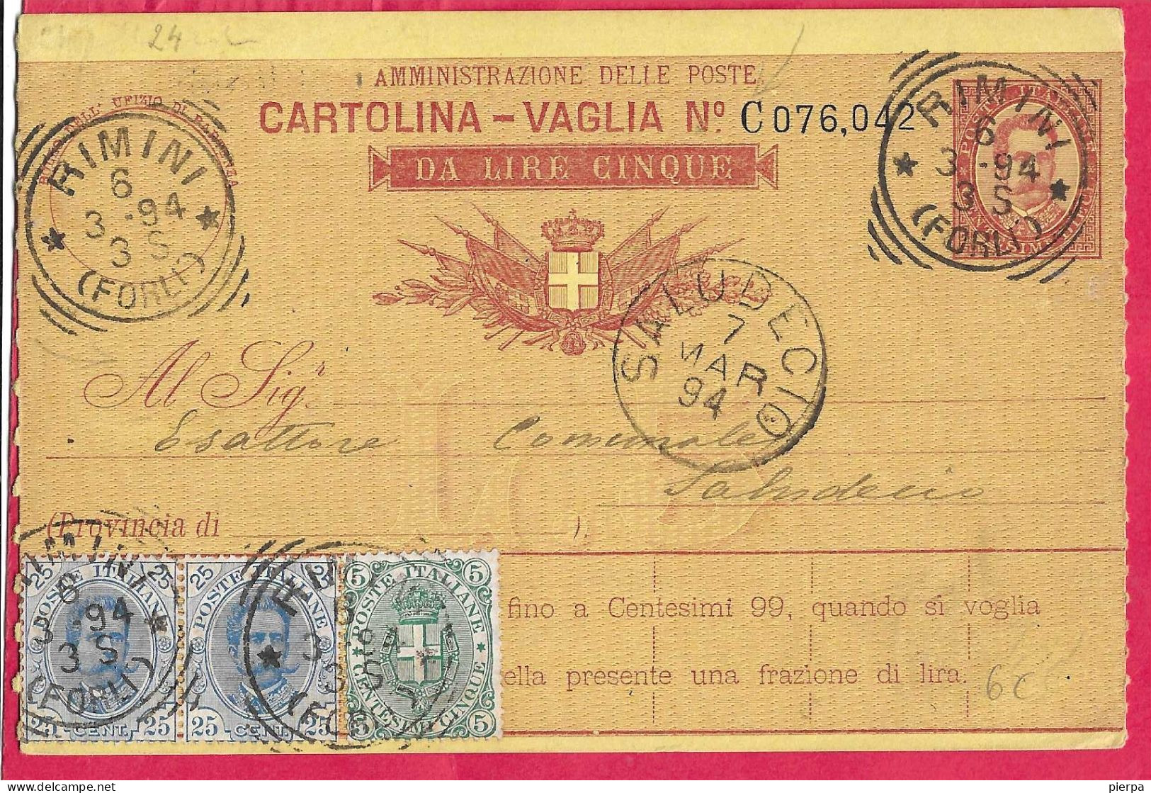 INTERO CARTOLINA-VAGLIA UMBERTO C.10 DA LIRE 5 (+5C.+2X25C)  (CAT. INT. 6C) -ANNULLO TONDO RIQUADRATO "RIMINI*6.3.94* - Stamped Stationery