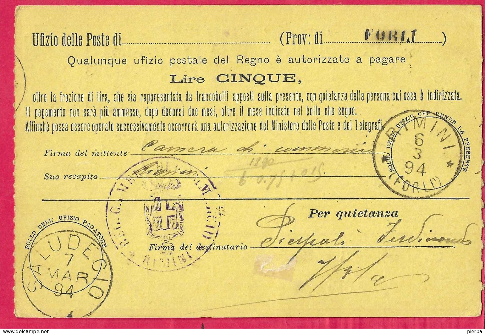 INTERO CARTOLINA-VAGLIA UMBERTO C.10 DA LIRE 5 (+5C.+2X25C)  (CAT. INT. 6C) -ANNULLO TONDO RIQUADRATO "RIMINI*6.3.94* - Stamped Stationery