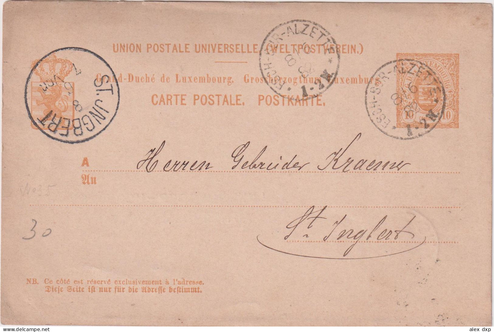 LUXEMBOURG > 1882 POSTAL HISTORY > Stationary Card From Esch-sur-Alzette To St Jngbert - 1859-1880 Coat Of Arms