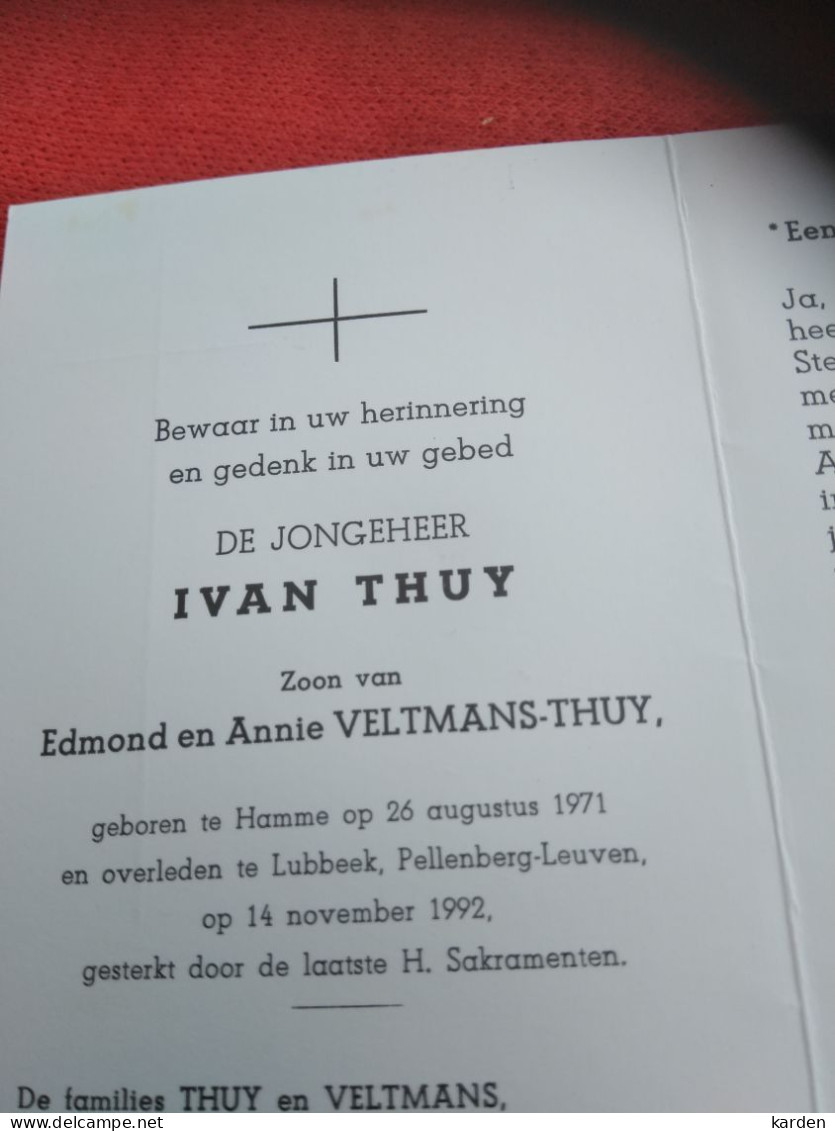 Doodsprentje Ivan Thuy / Hamme 26/8/1971 Lubbeek Pellenberg Leuven 14/11/1992 ( Z.v. E Thuy En Annie Veltmans ) - Religion & Esotérisme