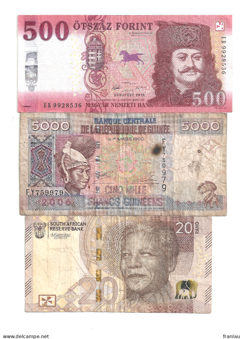 Lot De 3 Billets Différents Sud Afrique (Mandela)Hongrie Guinée - Collections & Lots