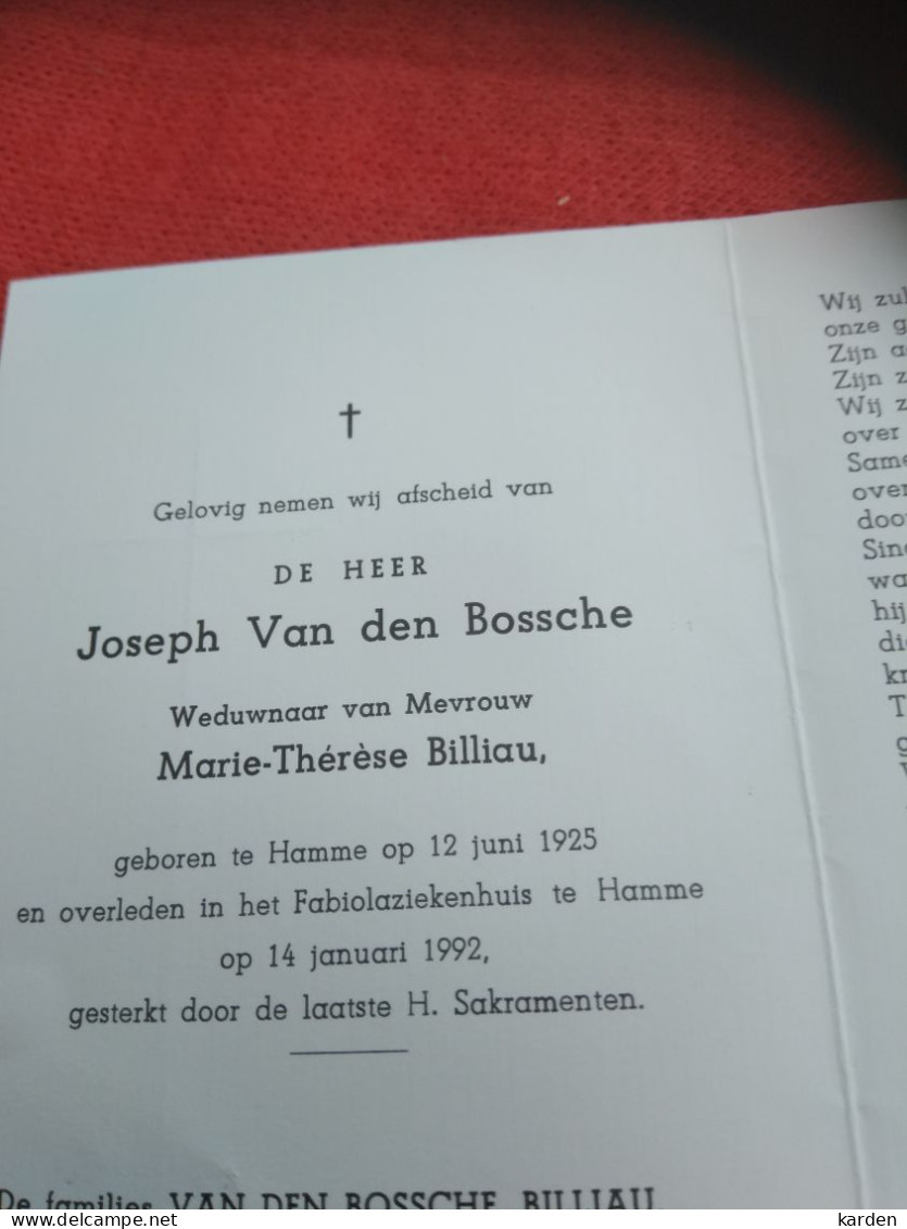 Doodsprentje Joseph Van Den Bossche / Hamme 12/6/1925 - 14/1/1992 ( Marie Thérèse Billiau ) - Religion & Esotérisme