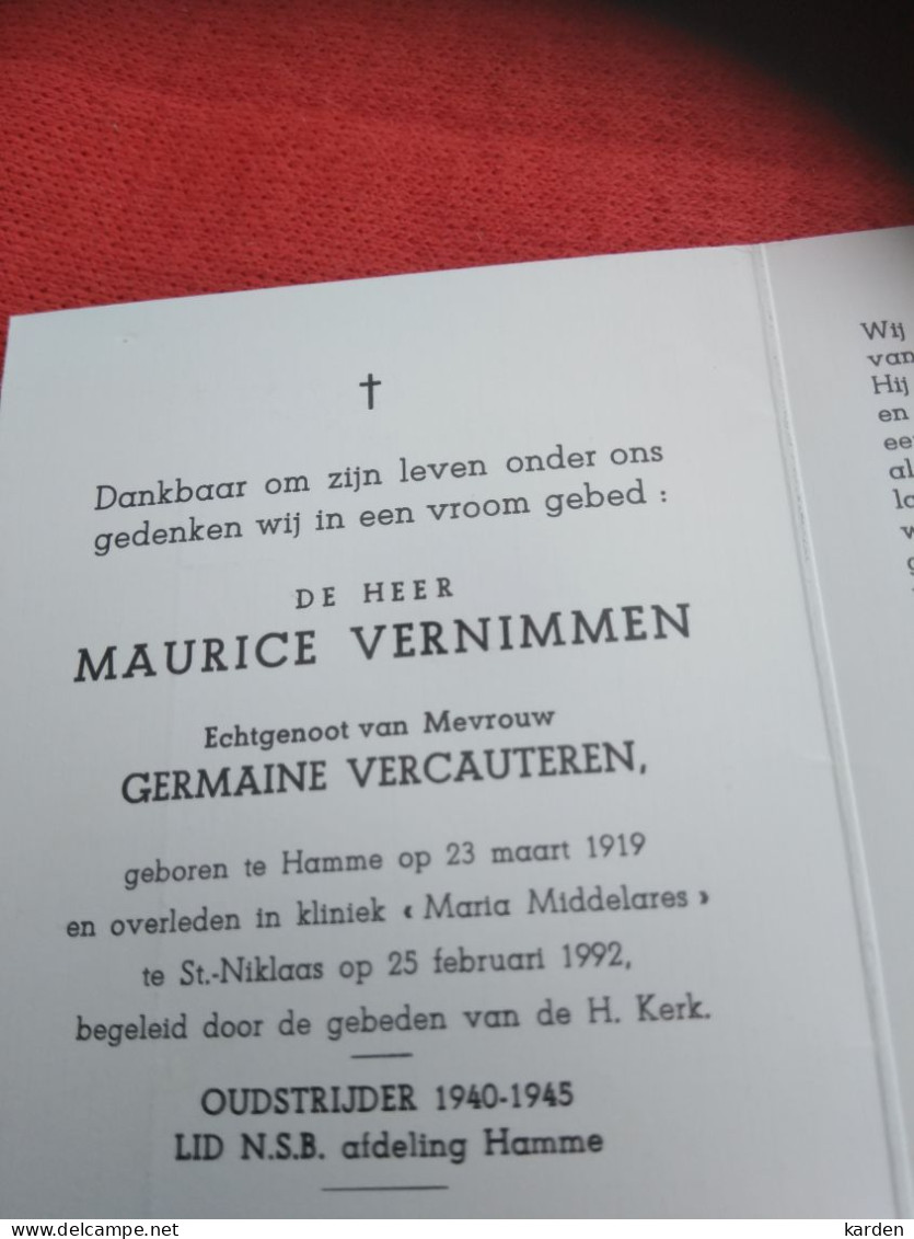 Doodsprentje Maurice Vernimmen / Hamme 23/3/1919 Sint Niklaas 25/2/1992 ( Germaine Vercauteren ) - Religion & Esotericism