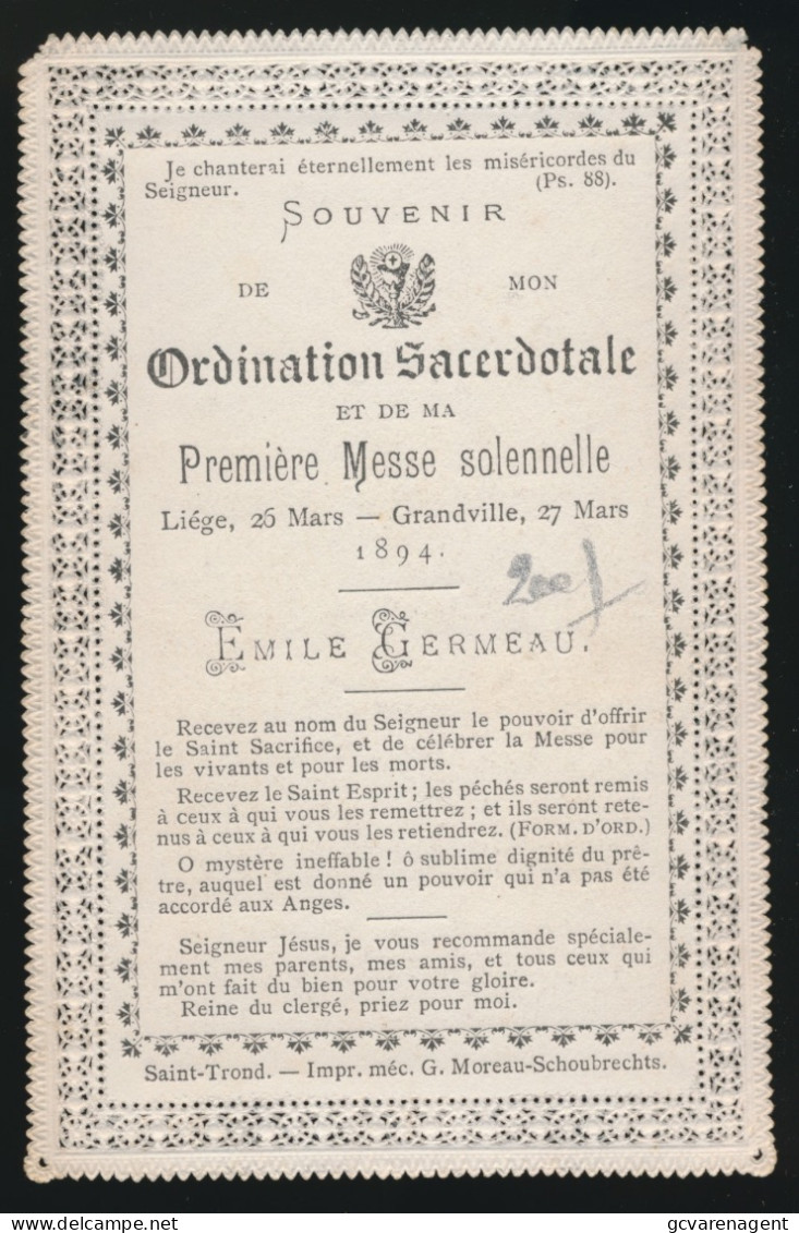 H.PRENTJE , IMAGE PIEUSE.  ==   ORDINATION SACERDOTALE ET DE MA PREMIERE MESSE SOLENELLE 1894   115 X 75 MM - Images Religieuses