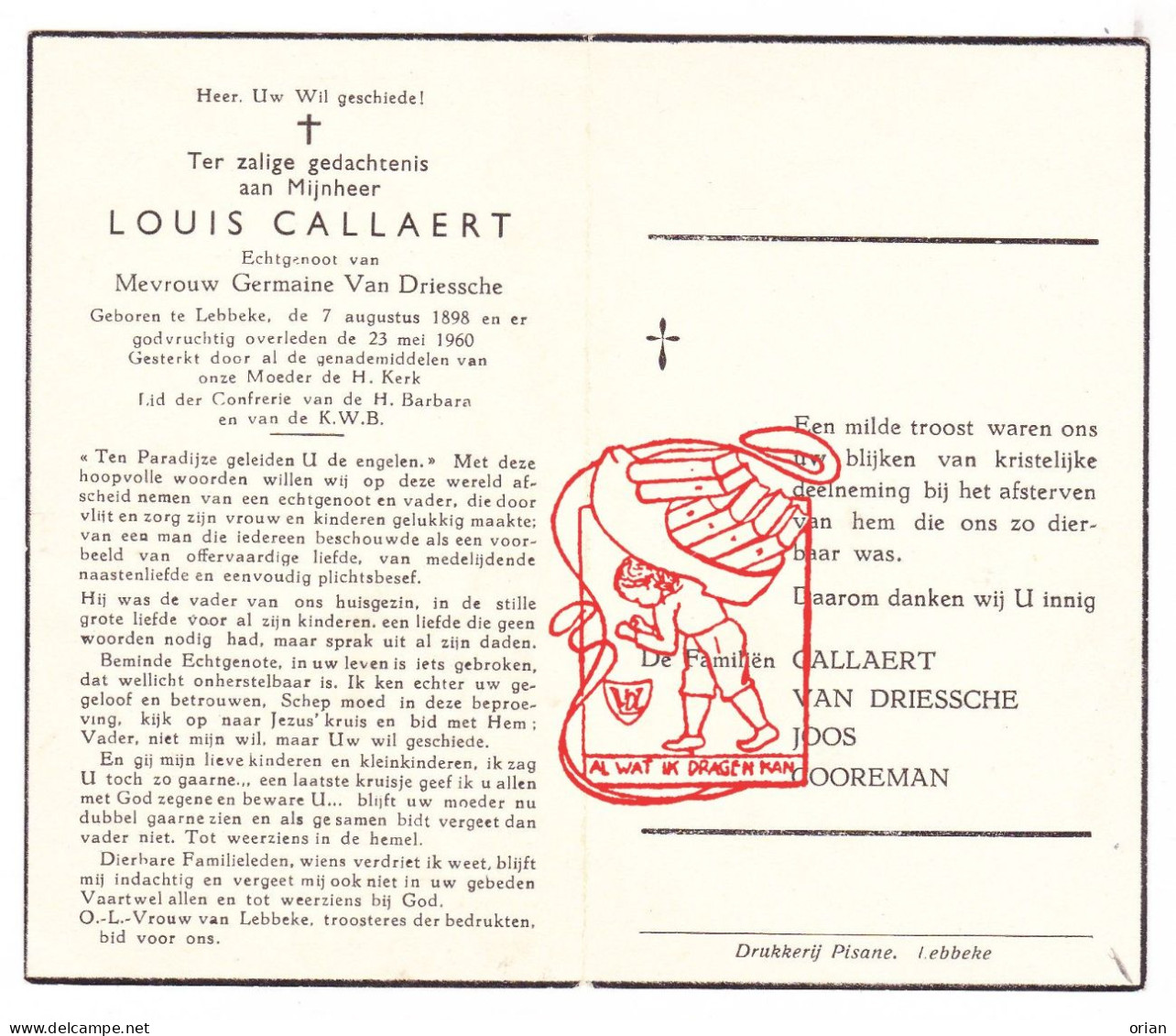 DP Louis Callaert ° Lebbeke 1898 † 1960 X Germaine Van Driessche // Joos Cooreman - Devotion Images
