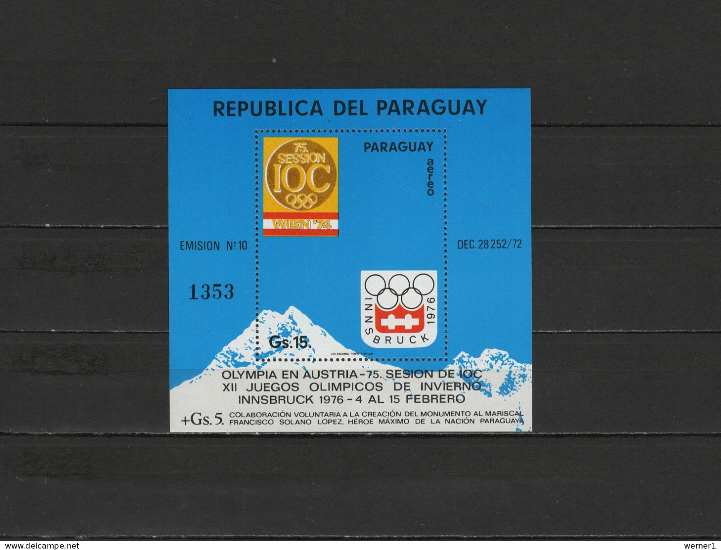 Paraguay 1974 Olympic Games Innsbruck S/s MNH - Hiver 1976: Innsbruck