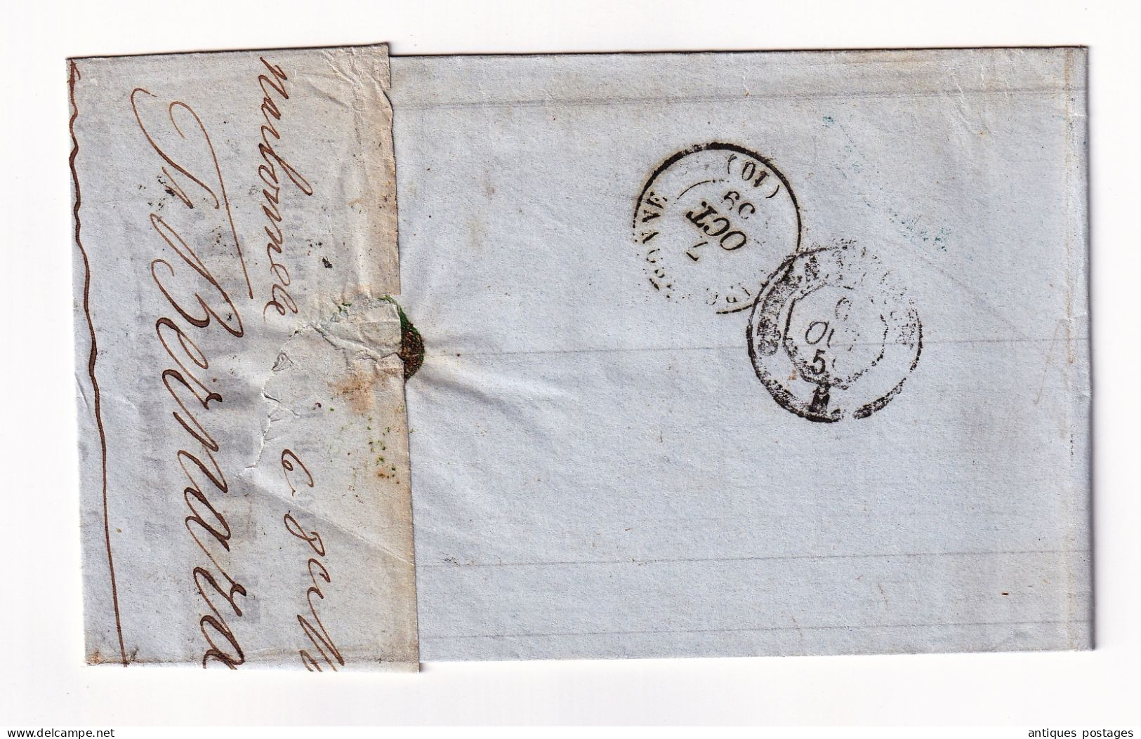 2 Timbres Napoléon III non dentelé Lettre 1859 Narbonne François Bernard Aude pour Carcassonne