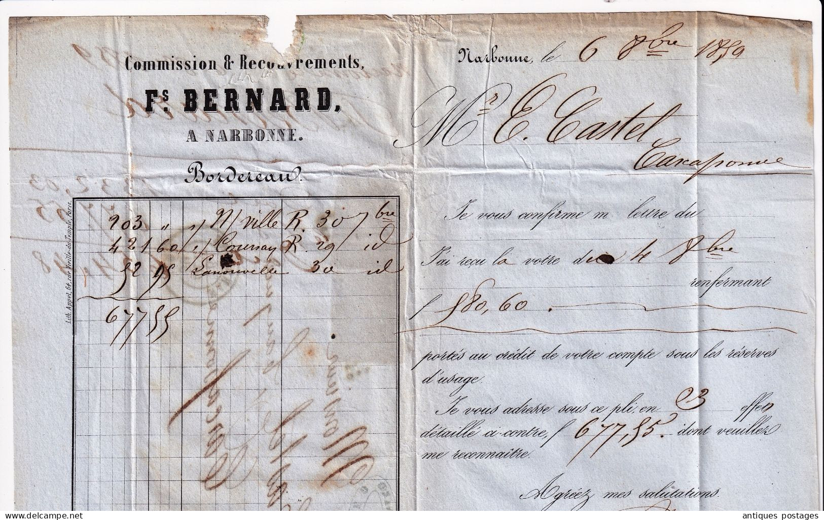 2 Timbres Napoléon III non dentelé Lettre 1859 Narbonne François Bernard Aude pour Carcassonne