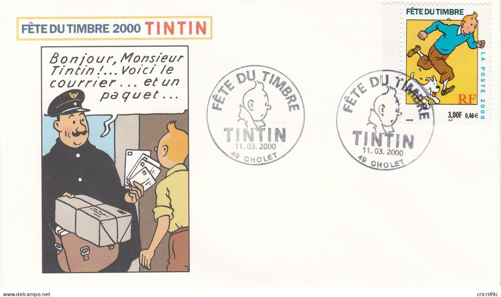 Fête Du Timbre 2000 Tintin  Le 11-03-2000   N° Y&T 3303 - Covers & Documents
