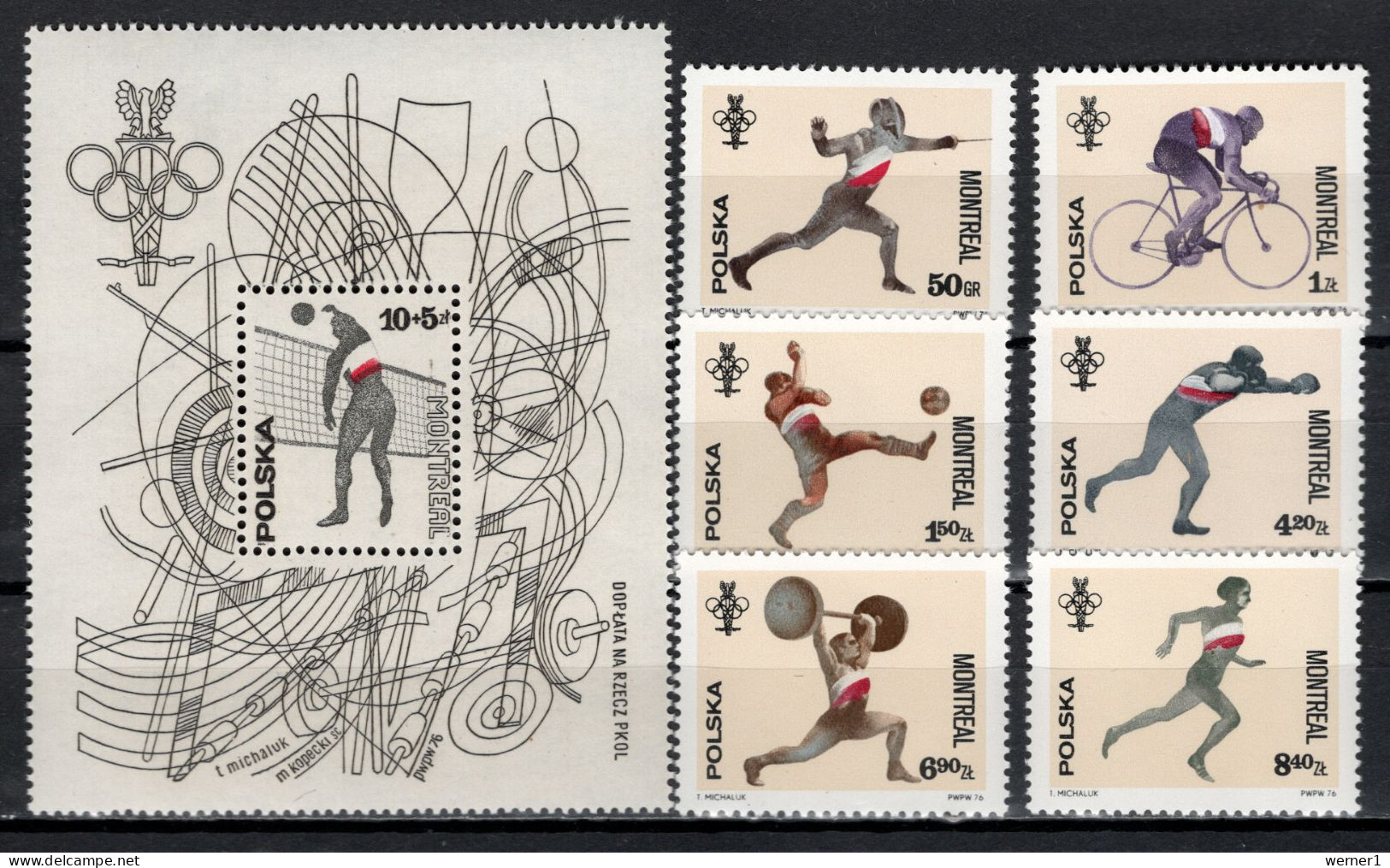 Poland 1976 Olympic Games Montreal, Volleyball, Football Soccer, Fencing, Cycling Etc. Set Of 6 + S/s MNH - Ete 1976: Montréal