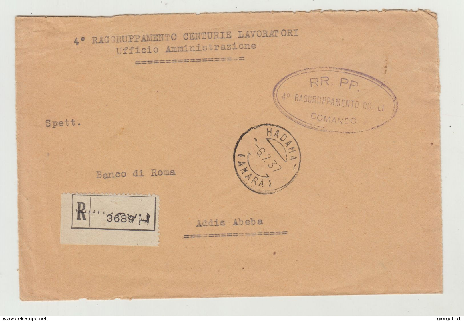 BUSTA SENZA LETTERA - RACCOMANDATA - ANNULLO HADAMA - AMARA DEL 1937 -COMANDO 4 RAGGRUP. CENTURI LAVORATORI - A.O.I. WW2 - Marcophilia (AirAirplanes)