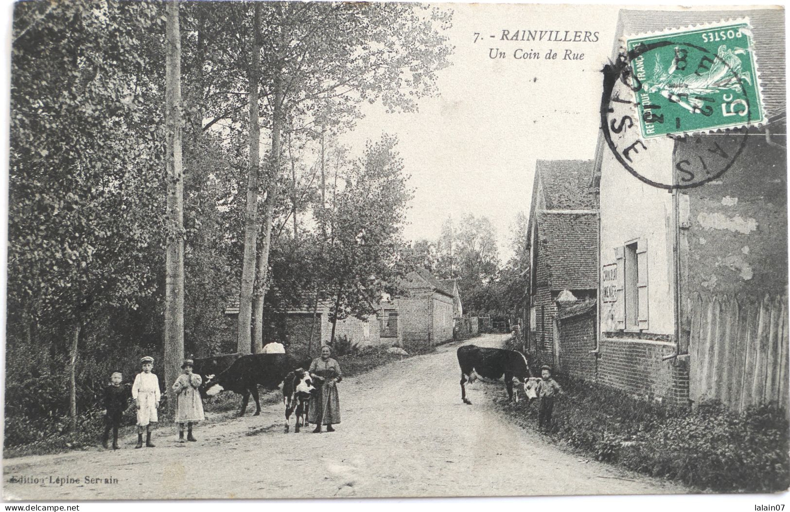 C. P. A. : 60 : RAINVILLERS : Un Coin De Rue, Animé, Vaches, Timbre En 1913 - Autres & Non Classés